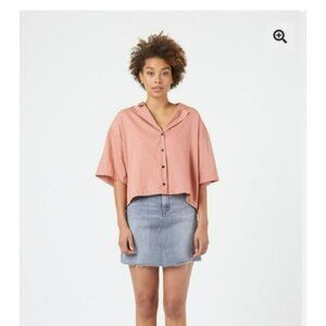 Denim and street wear nea blouse terracotta short sleeve oversized button up - M
